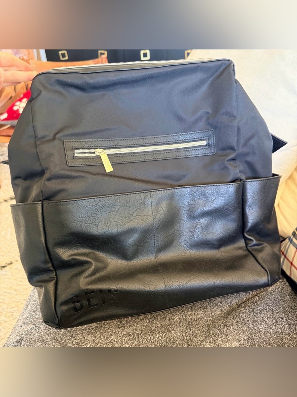 BEIS Black Nylon and Faux Leather Backpack with Front Zip Pocket
